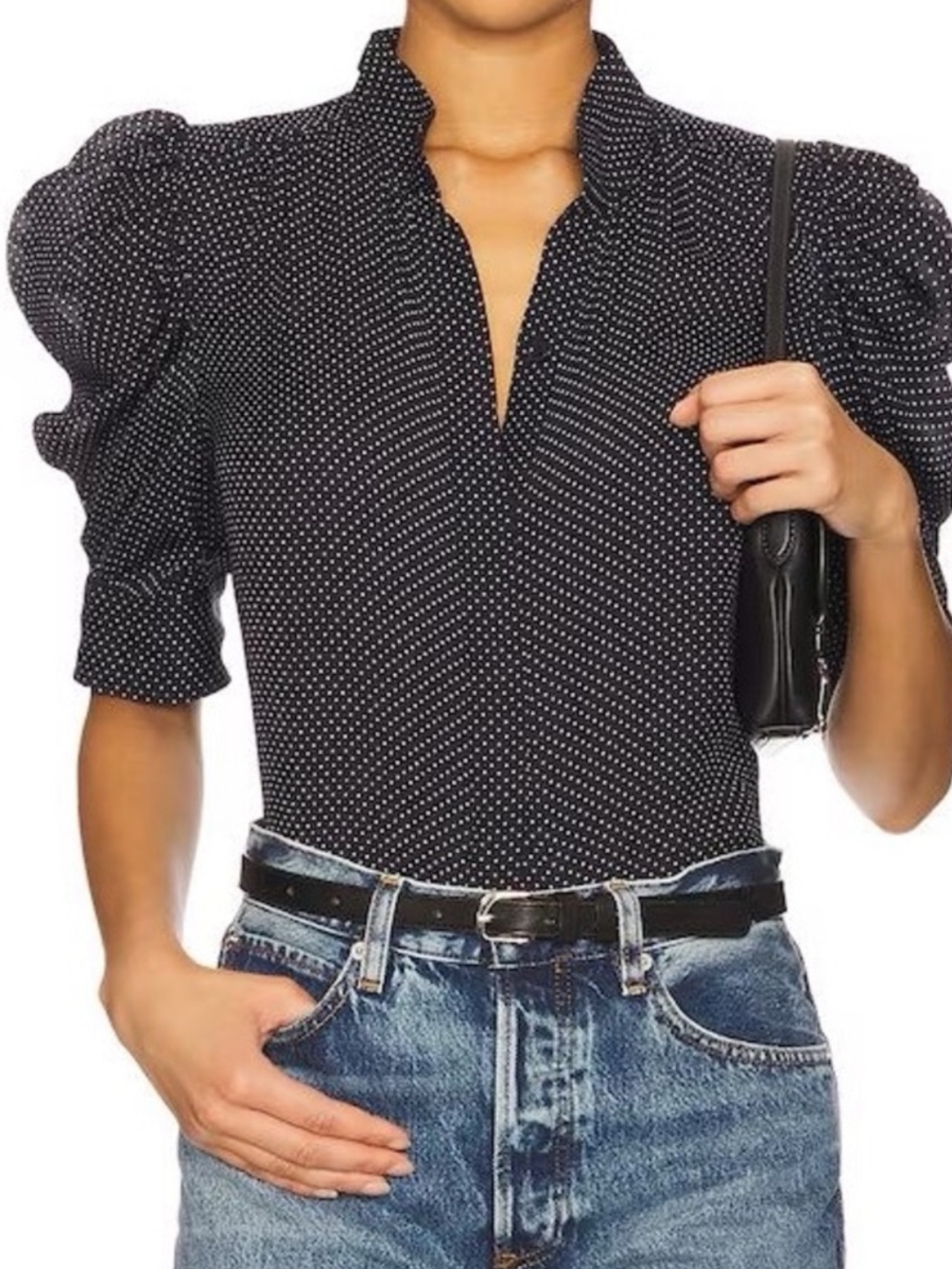 FRAME Gillian Polka Dot Silk Puff Sleeve Top Black Size S